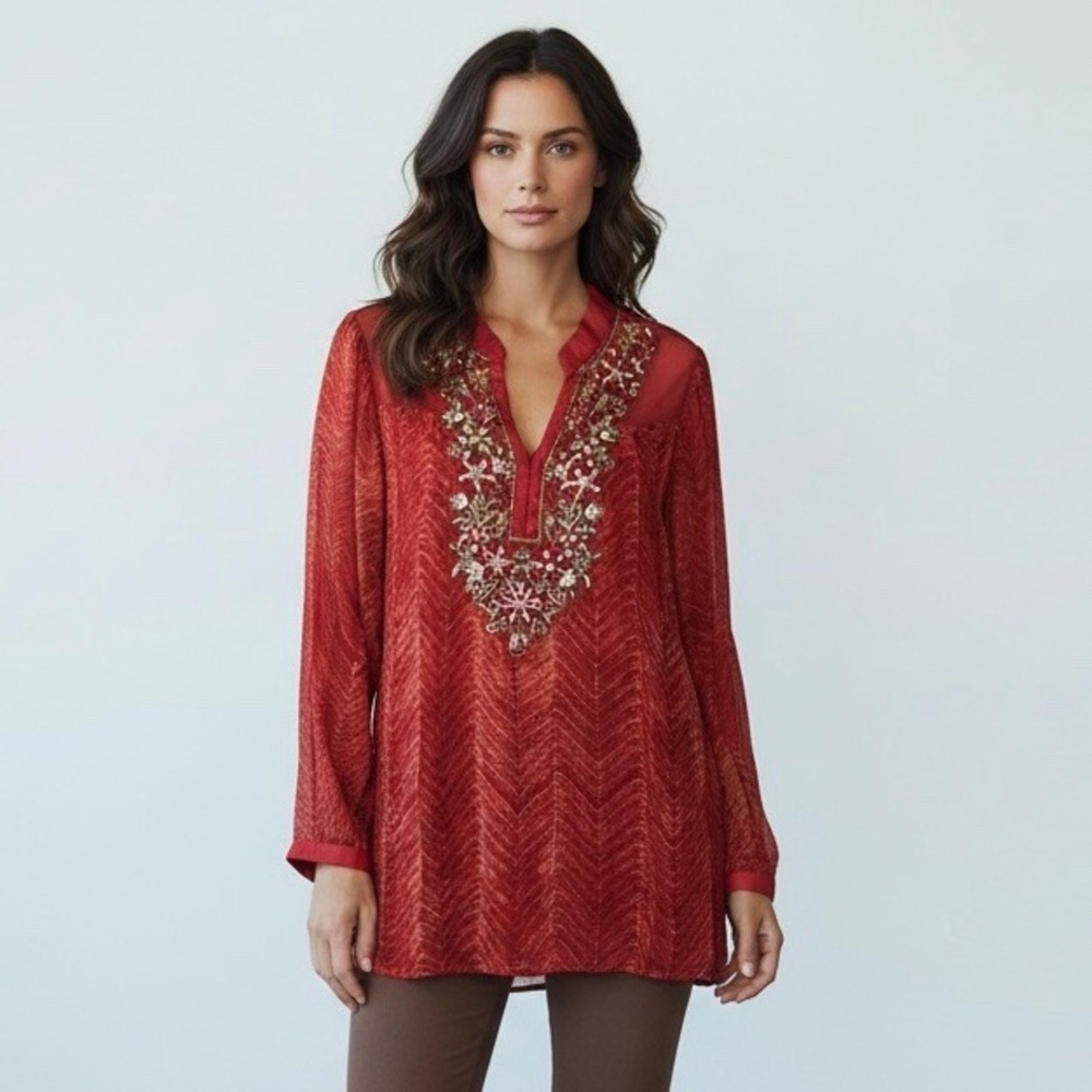 🌴 Soft Surroundings Red Beaded Embroidered Chevron Tunic Top Womens Small